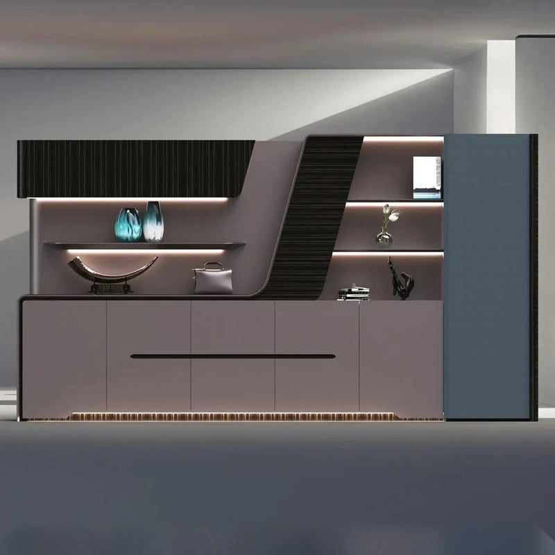 Velor 12′ (144-inch) office wall unit front view in a gray room, lit display shelves and long drawers