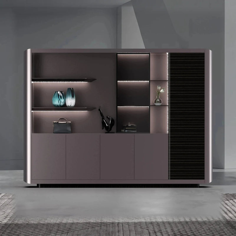 Linea 9′2″ (110-inch) office shelves with integrated lighting in a gray room, teal glass vases on the lit tiers