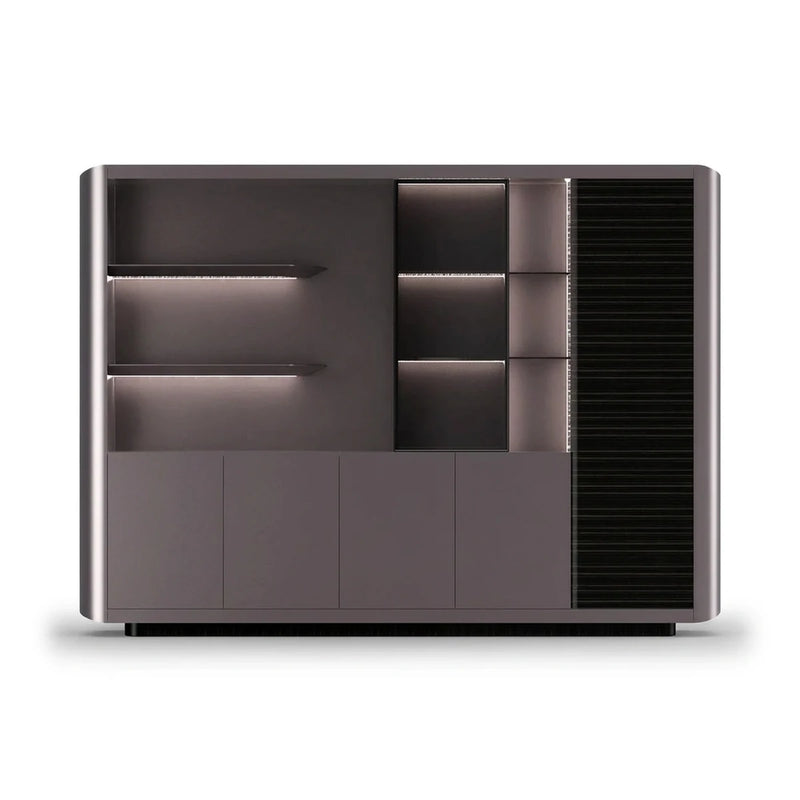 Linea 9′2″ (110-inch) luxury office wall unit in gray lacquer, lit display shelves, ribbed black door and lower cabinets