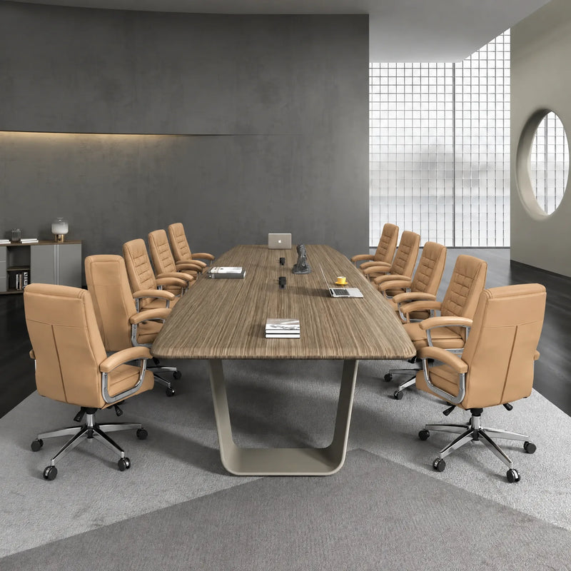Lyndley boardroom table with ten tan-and-gray chairs on a round rug, angled view