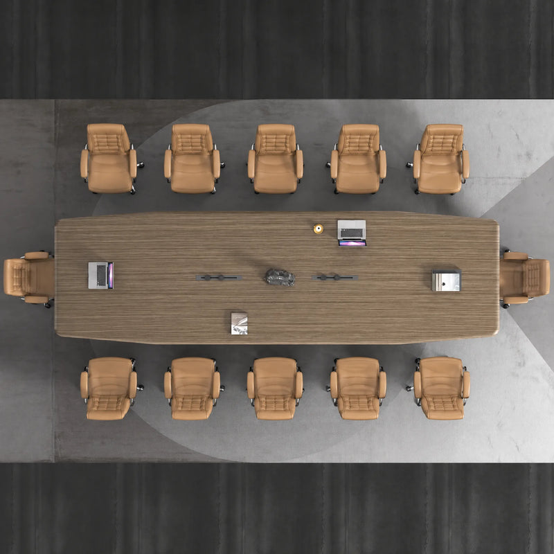 Top-down view of the Lyndley conference table seating 12 with two charging modules on the center line
