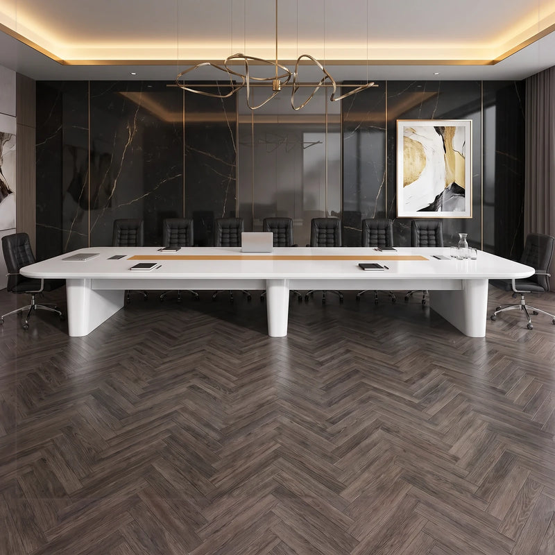 Lynix white boardroom table with tan chairs in a slatted-wall meeting room with a world map