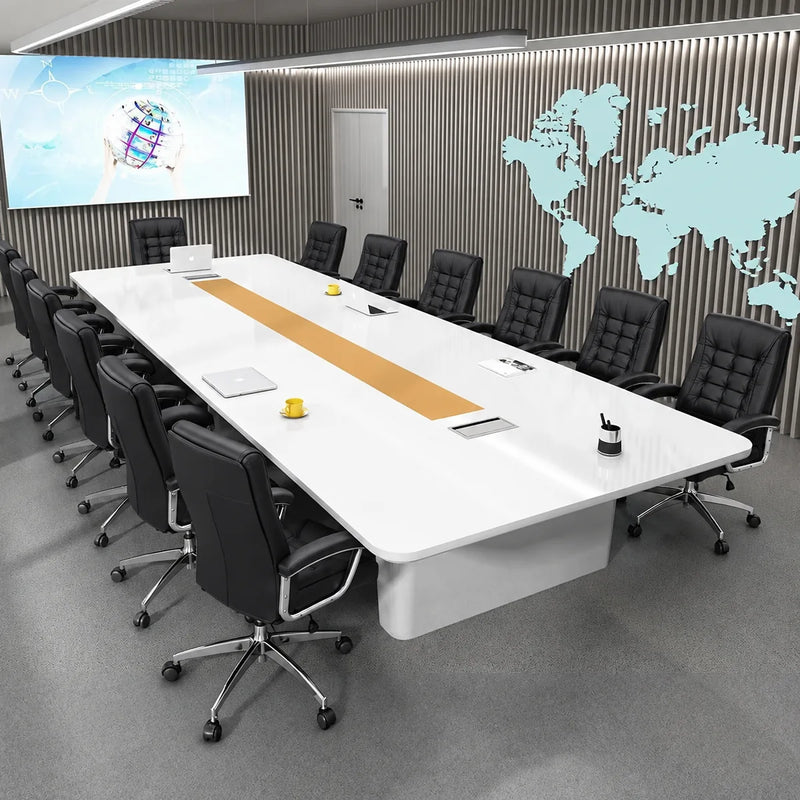 Lynix large white conference table seating 12 in tan leather chairs, angled view with wall screen