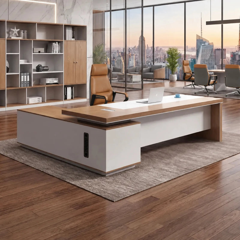 Lynx CEO desk, right return, in a sunset skyline office
