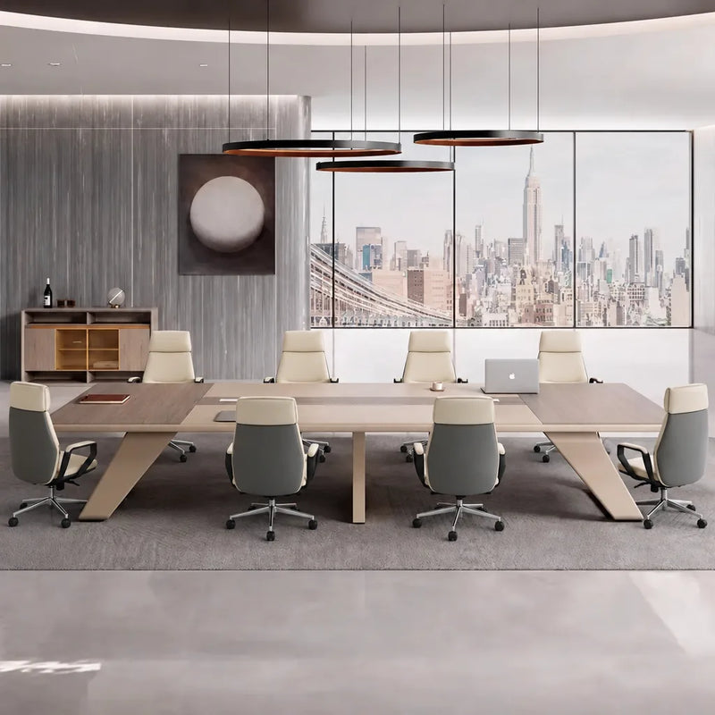 Lyric gray oak boardroom table with tan chairs beneath round pendants and a Manhattan skyline window