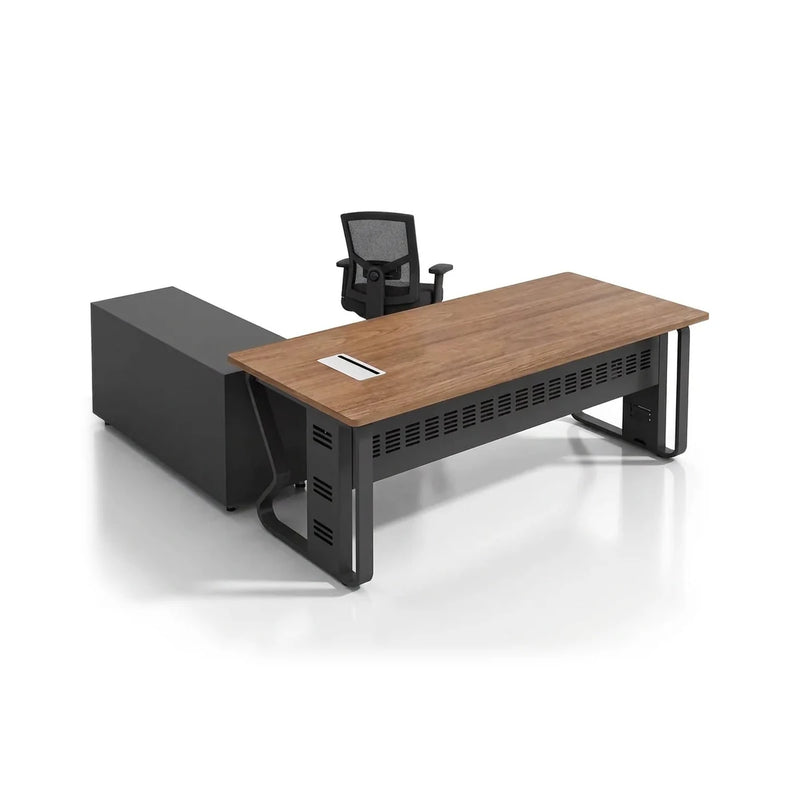 Patton desk in cedar-toned wood with vented black steel frame