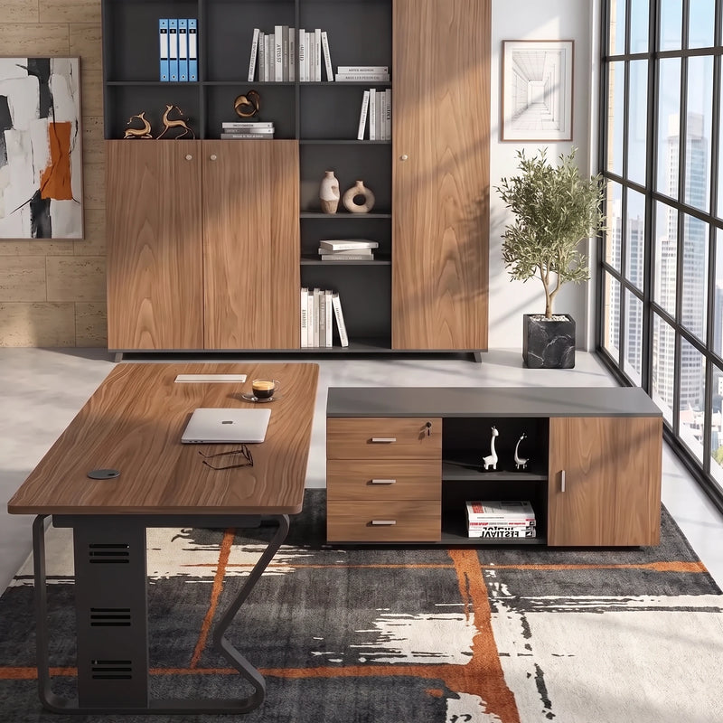 Patton desk with three-drawer credenza and open shelf