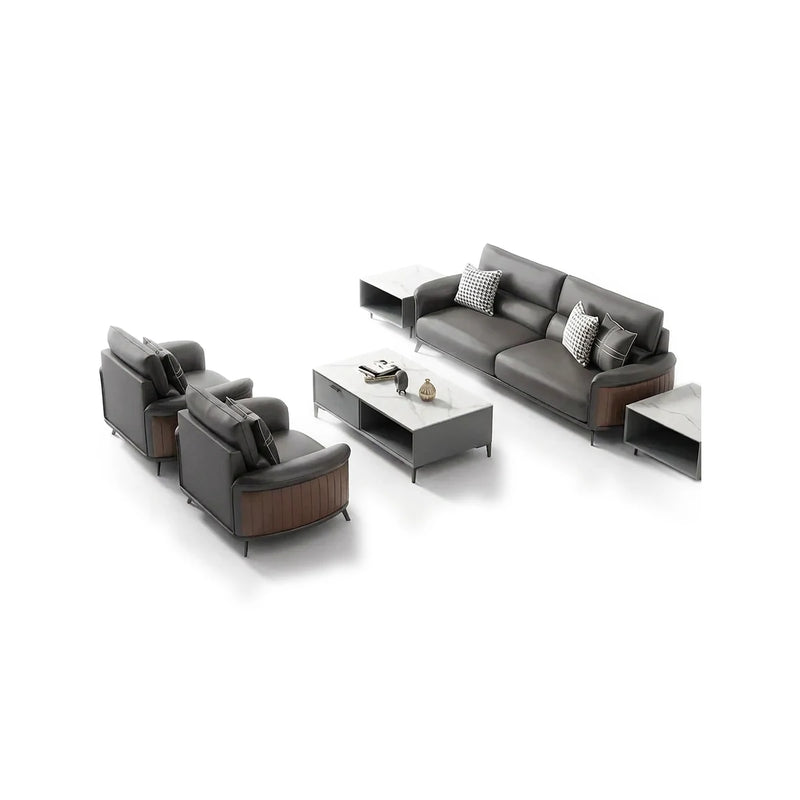 Malmö modern office lounge conversation set in black leather with ribbed walnut bases: 3-seater sofa, two arm chairs and tables
