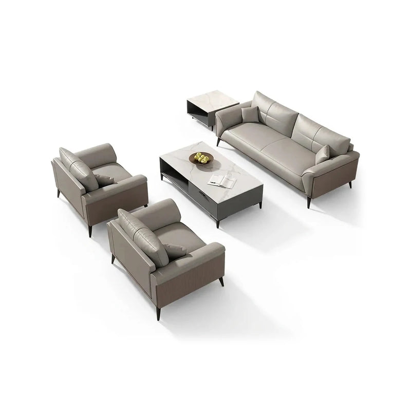 Boren modern office lounge conversation set in gray leather: 3-seater sofa, two arm chairs and a white coffee table