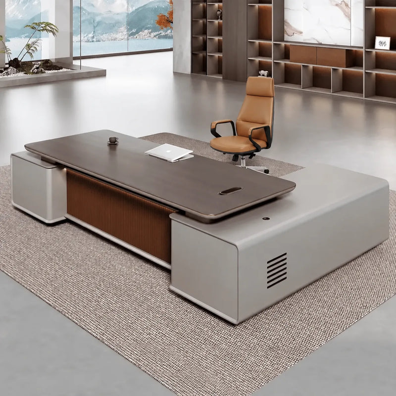 Magill desk, left return, vents on the gray pedestal