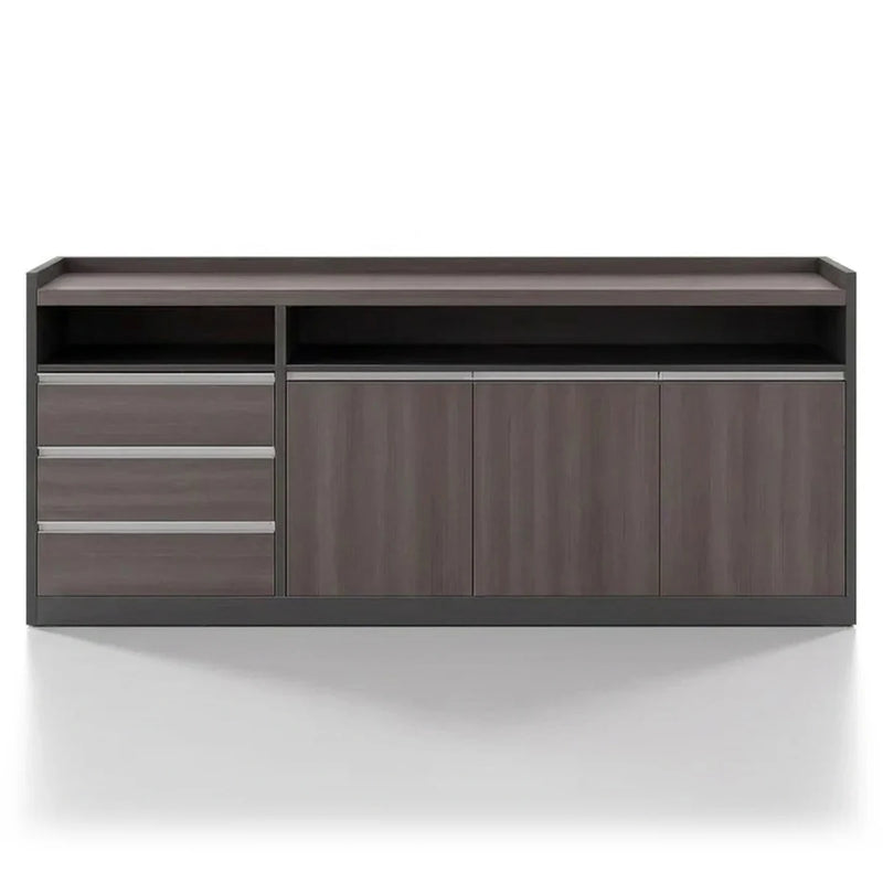 Barrow 6′7″ (79-inch) office credenza in gray oak, front view, open display shelf over three drawers and cabinet doors