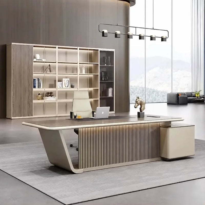 Mantell CEO desk with sled base under a linear chandelier