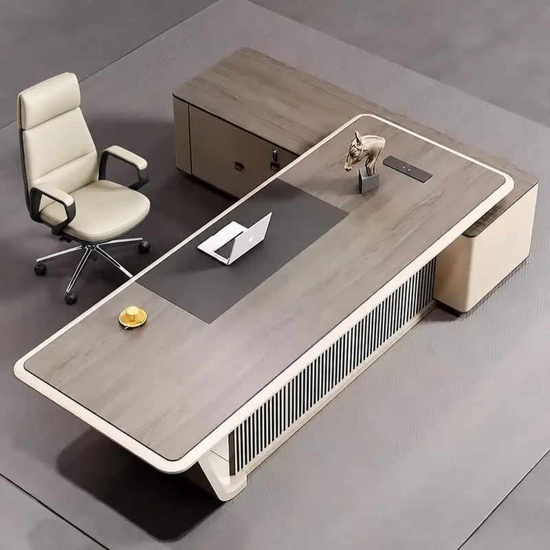 Mantell desk from above with white chair and laptop