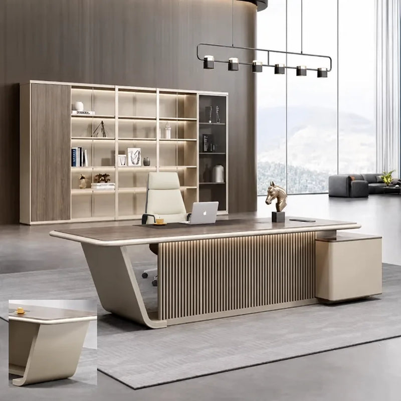 Mantell desk with matching guest stool by the shelf wall
