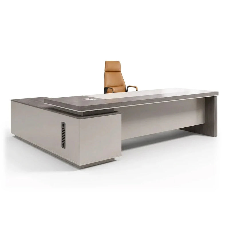 Purdue desk in greige walnut and beige, low profile
