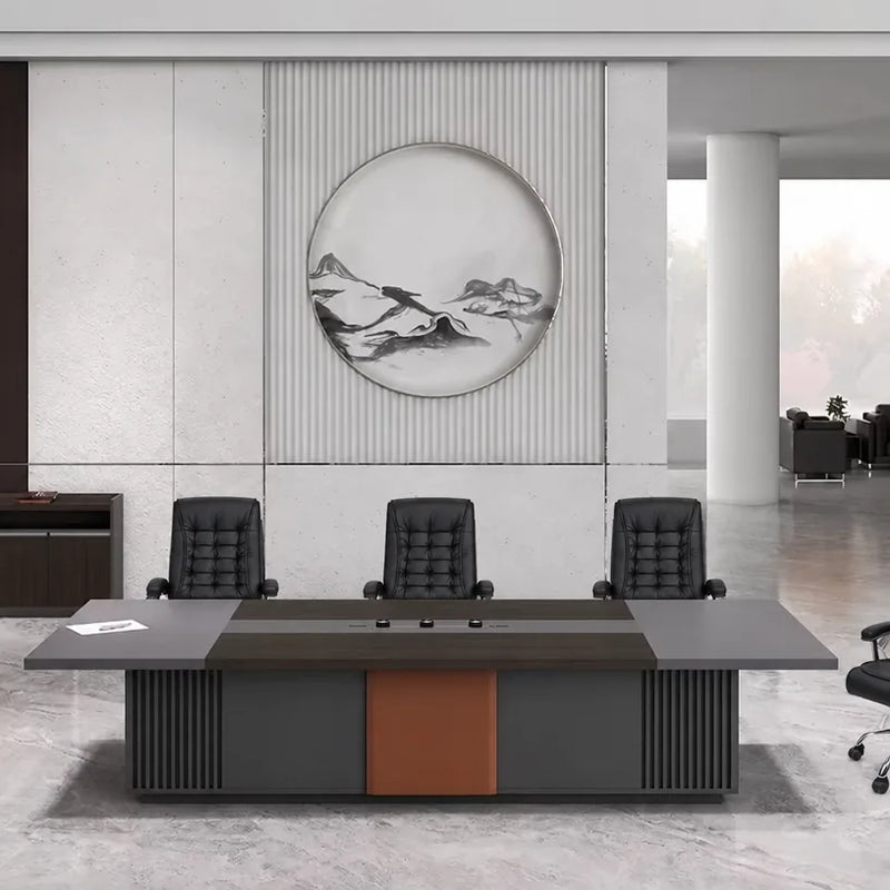 Medley 10′6″ (126-inch) conference table seating 10 beneath a round landscape artwork