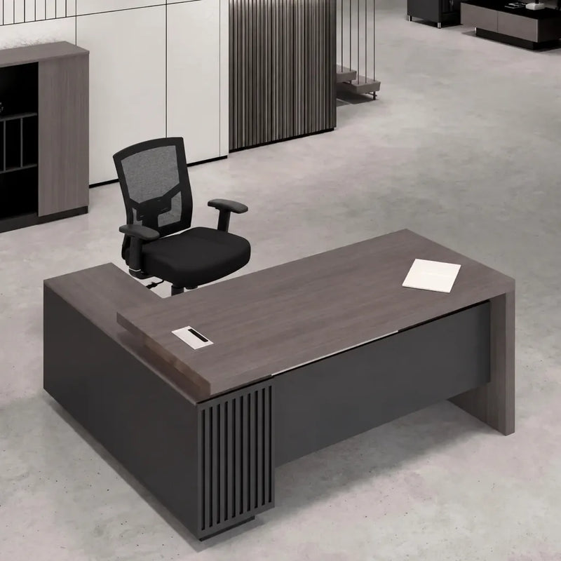 Mercer desk, right return, from above with mesh chair