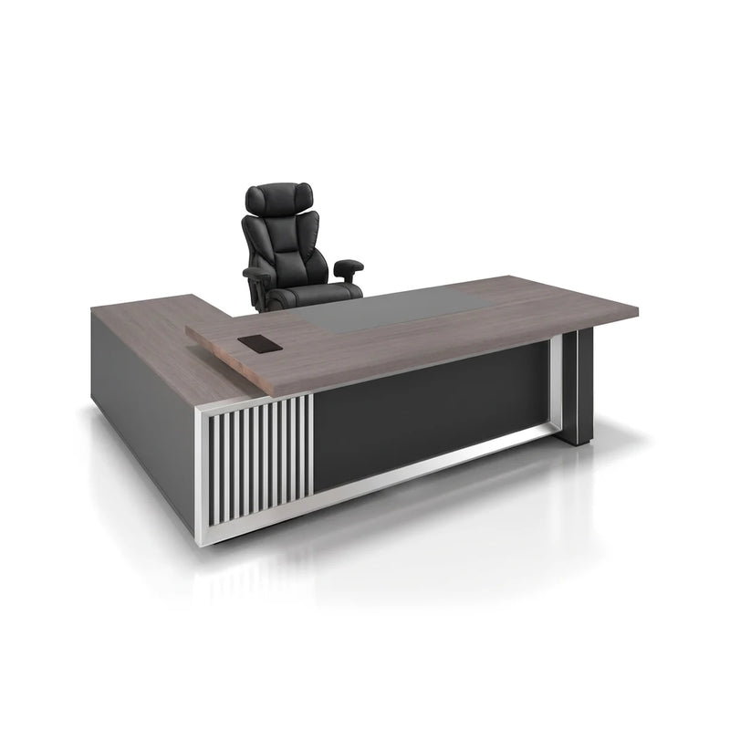 Engel L-shaped desk in gray oak with chrome slat pedestal