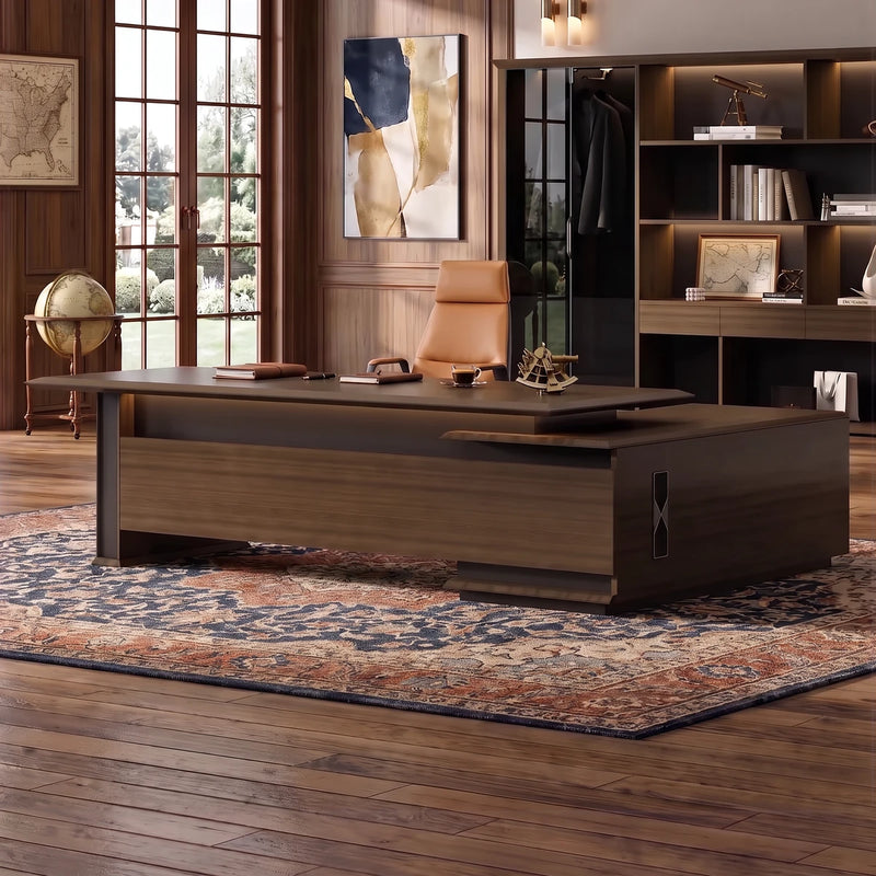 Milner desk in a walnut-paneled partner's office with garden windows