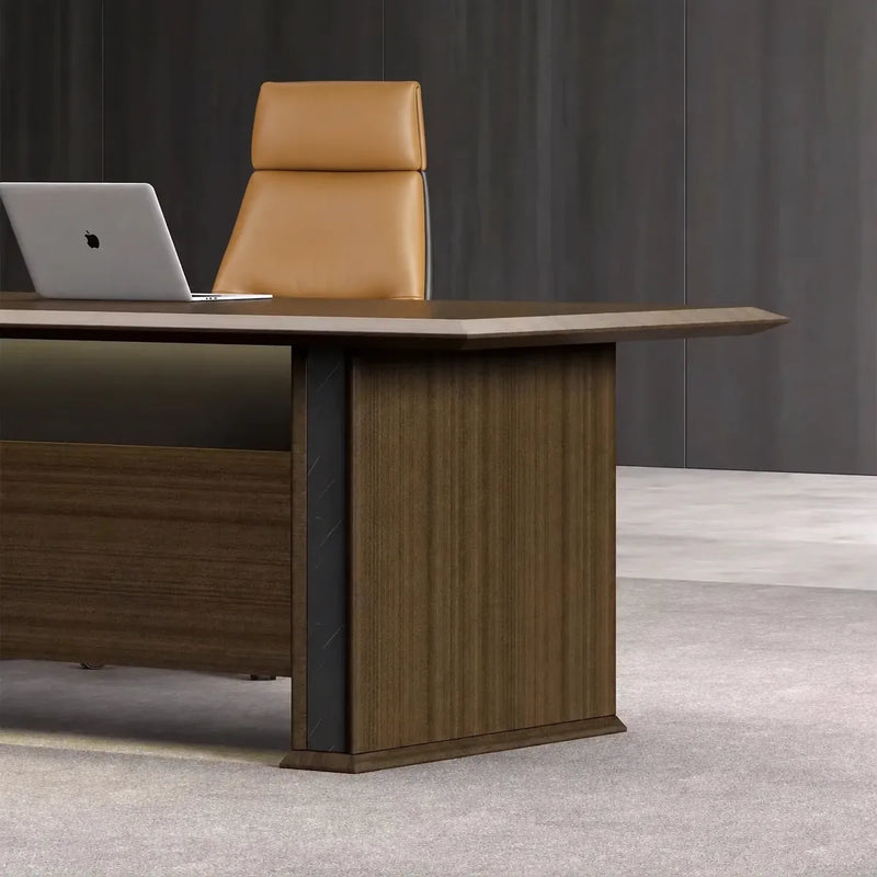 Milner desk with orange leather chair, dark paneling