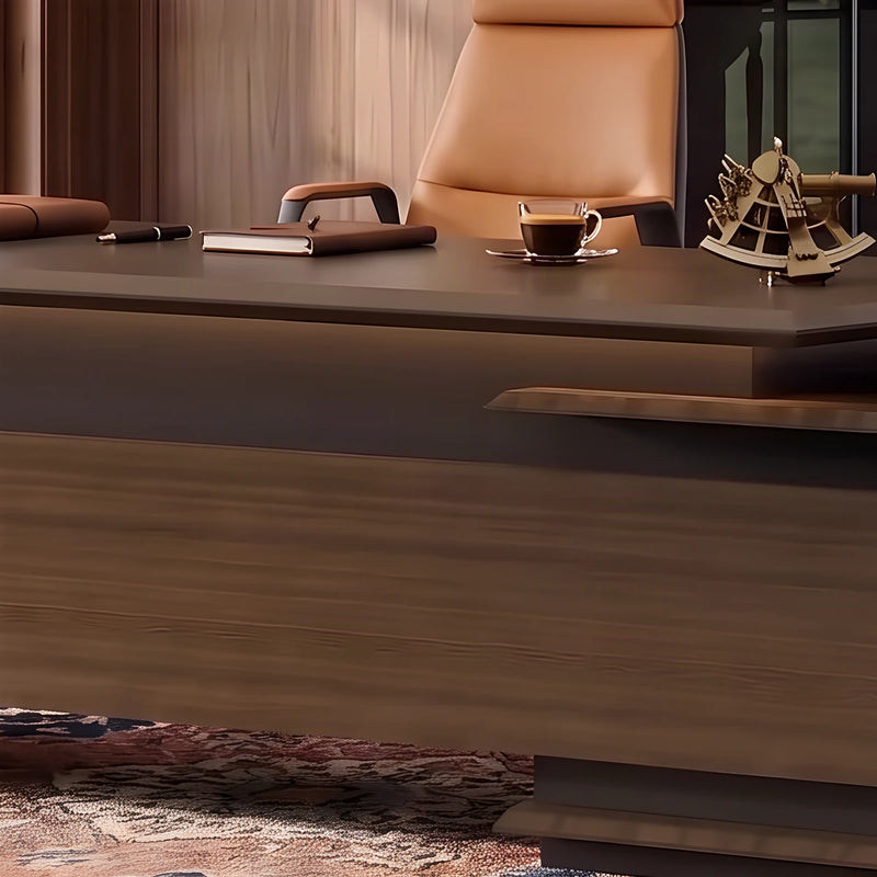 Milner desktop with notebook, espresso and layered top, close view
