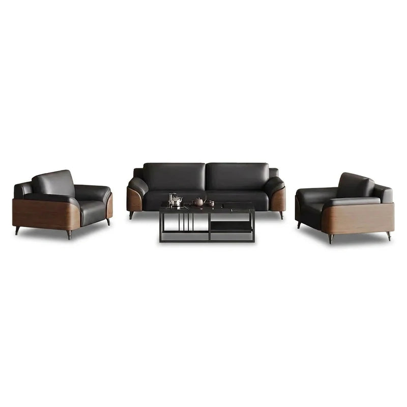 Dalarö modern office lounge conversation set in black leather with curved walnut arm shells: 3-seater sofa and two arm chairs