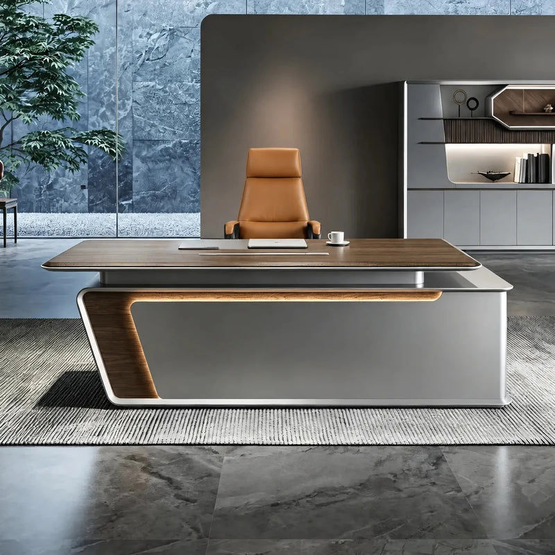 Modena desk in pearl gray in an architect's stone courtyard office