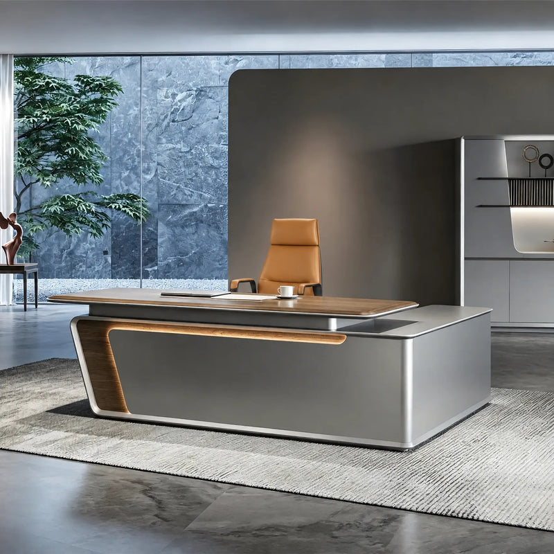 Modena luxury desk with walnut reveal, art wall behind