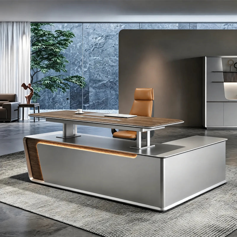 Modena desktop raised for standing work in a boss's gallery office