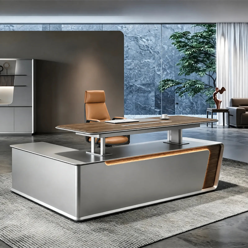 Modena desk, right return, gray base with amber liner