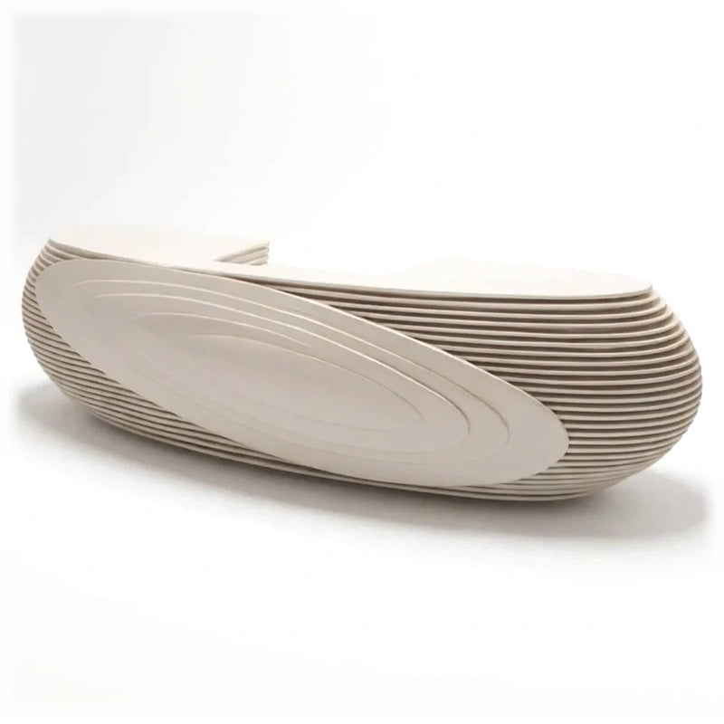 Avéra reception desk with ribbed oval pods and center counter, studio view