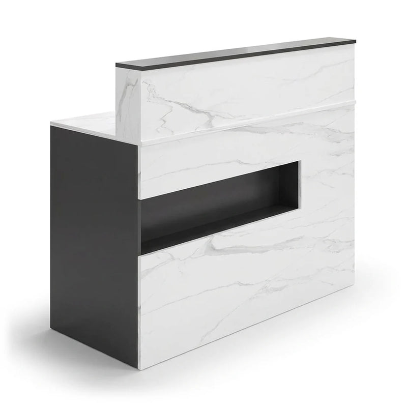 Natalia reception counter in carrara marble with display niche, 47-inch width