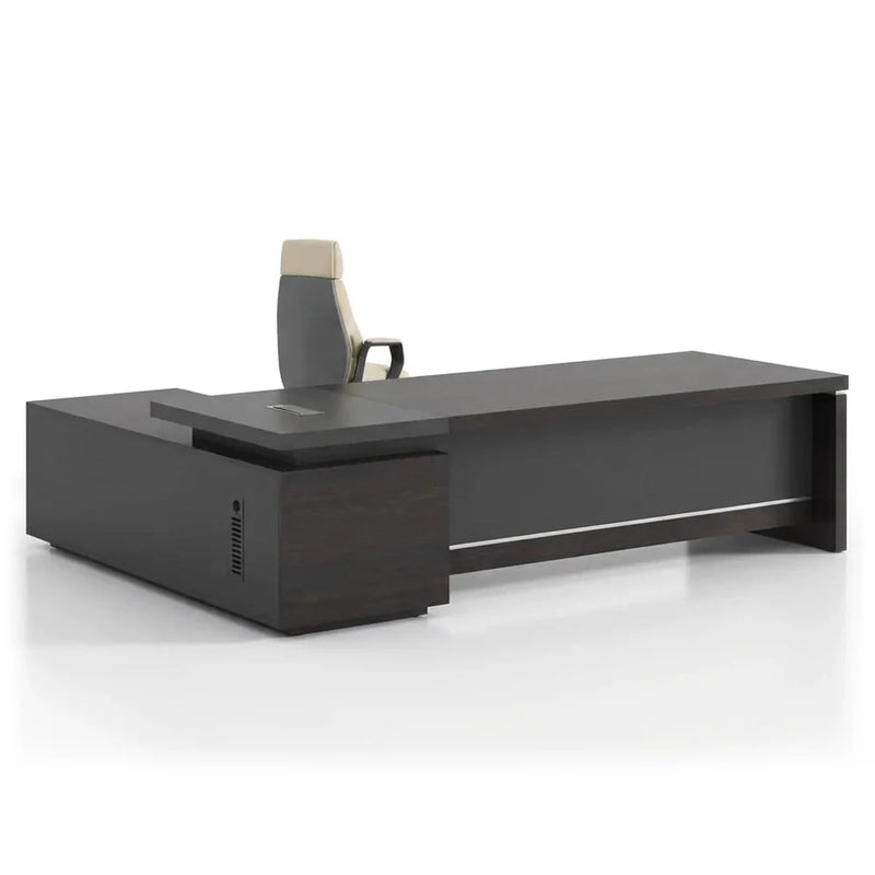 Danton L-shaped executive desk in ebony brown with silver trim