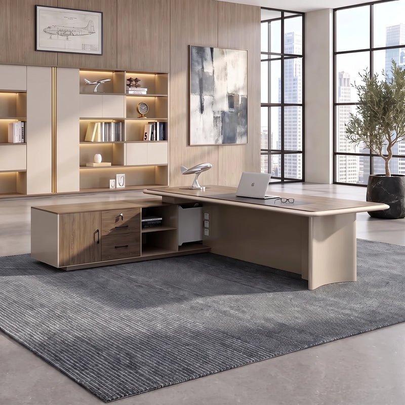 Essex desk with drawer credenza return in a mountain-view office