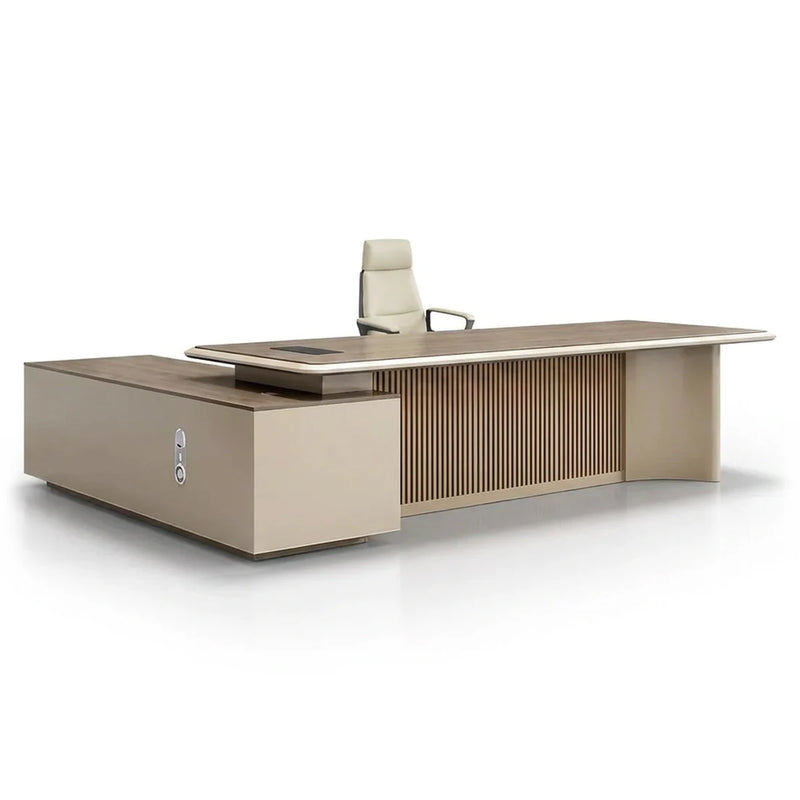 Essex executive desk in walnut and champagne with lit slat front