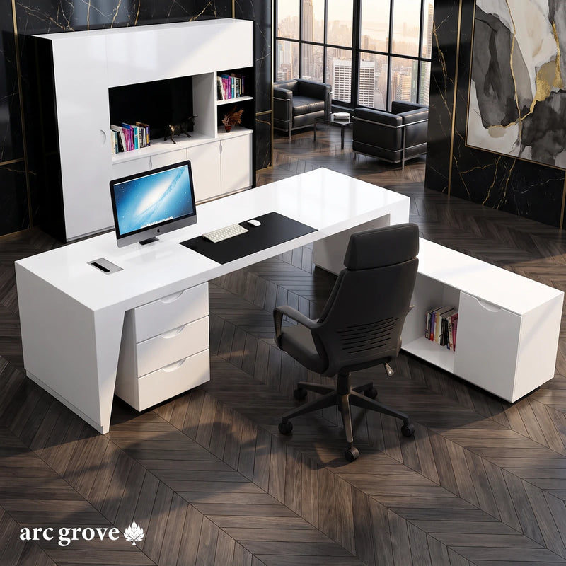 Newton white desk from the user's side, with its drawer pedestal and open-shelf return