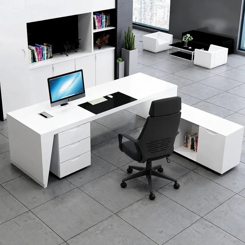 Newton desk with mobile drawer pedestal and open shelf return