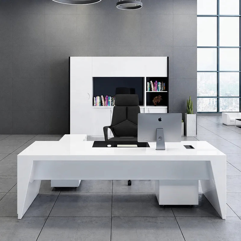 Newton desk in white gloss facing city windows