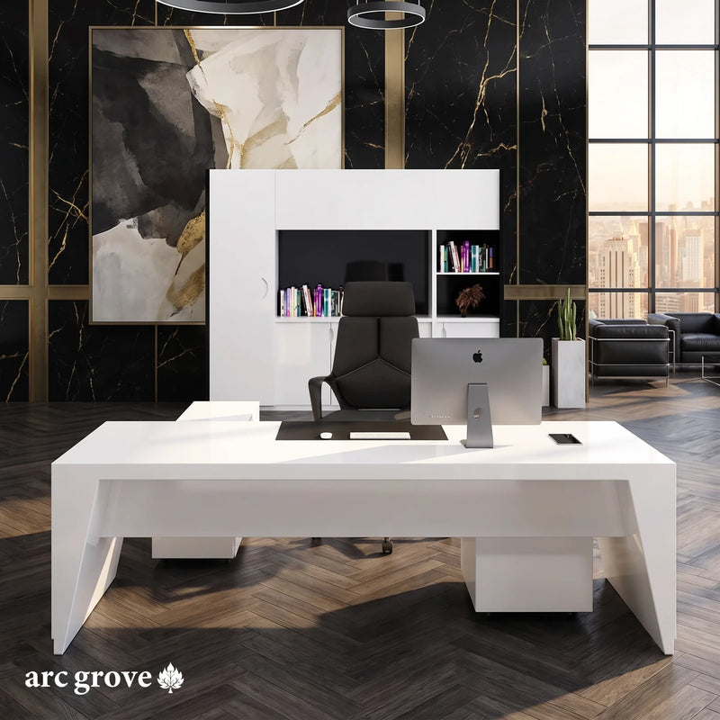 Newton white gloss desk seen straight on in a black marble office