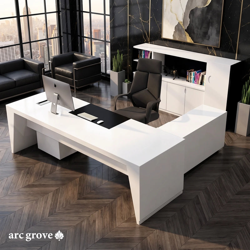 Newton white gloss L-shaped desk, mirrored layout, in a black marble office
