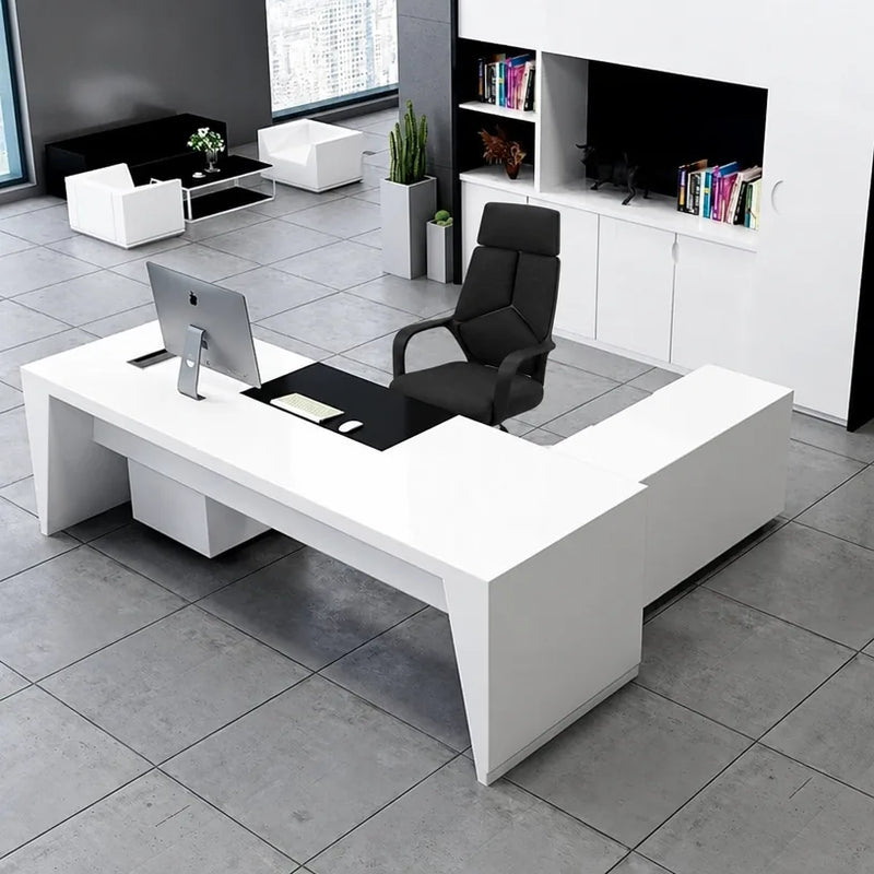 Newton L-shaped desk in white with black desk pad