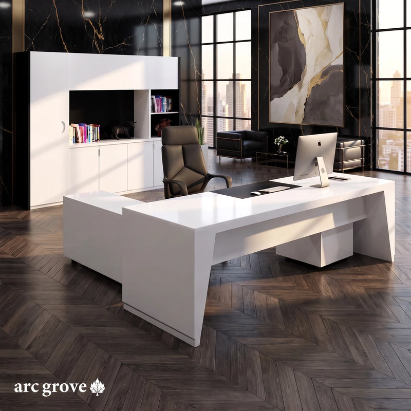 Newton white gloss L-shaped desk in a black marble office with city windows