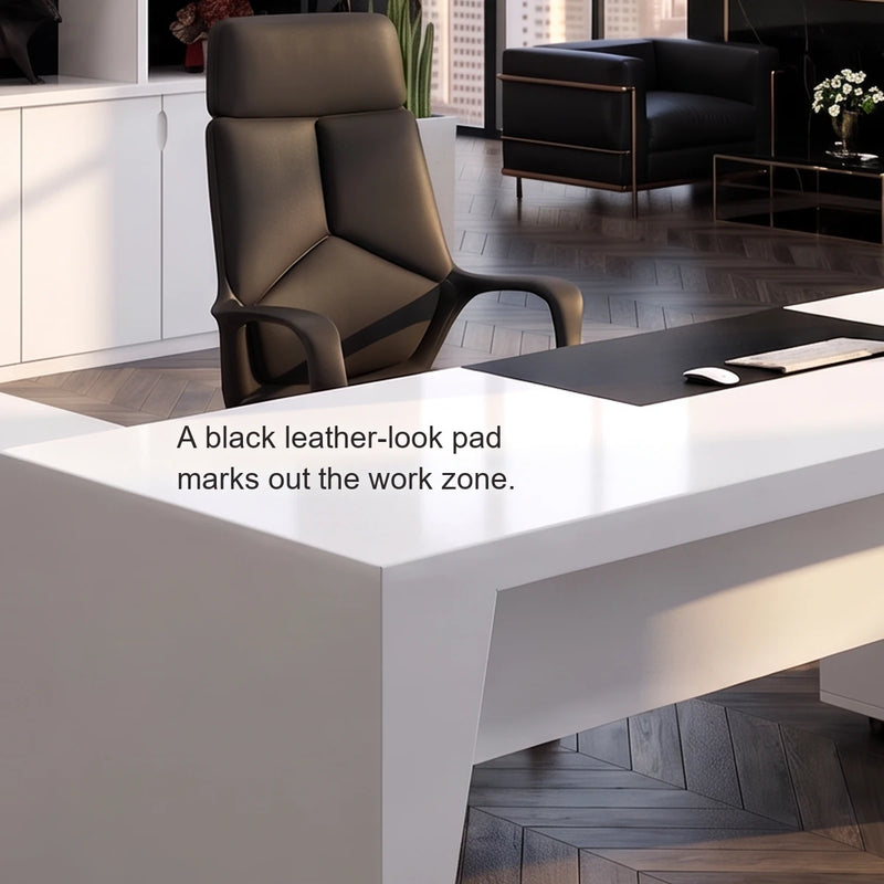 Close-up of the black leather-look pad on the Newton desk