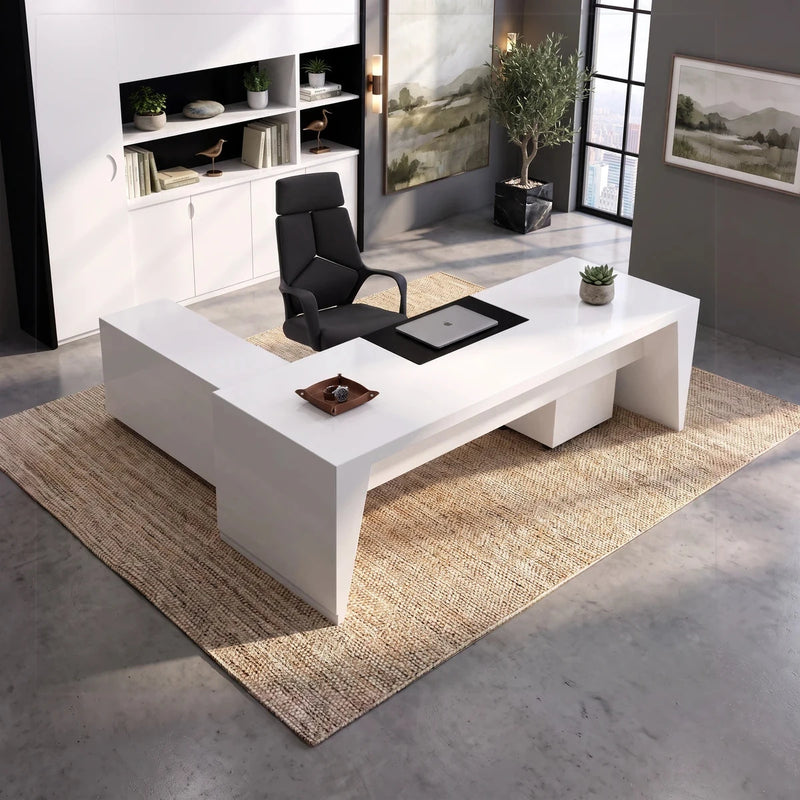 Newton manager desk in white with base return and bookcase wall