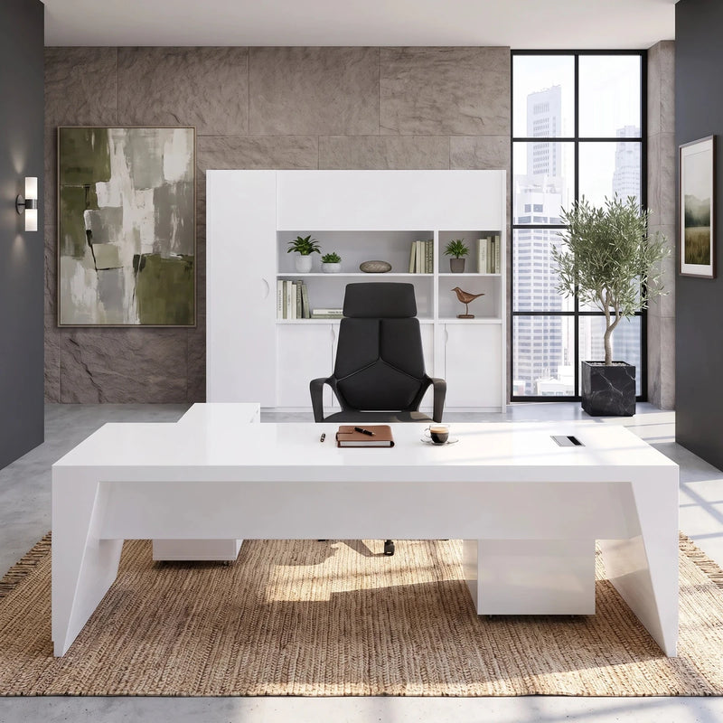 Newton desk in white gloss facing city windows