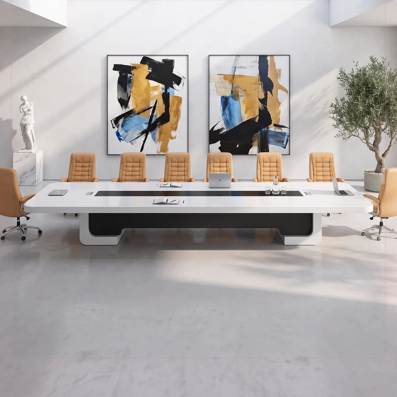 Nexum white high-gloss boardroom table with orange chairs beneath a hexagonal network wall display