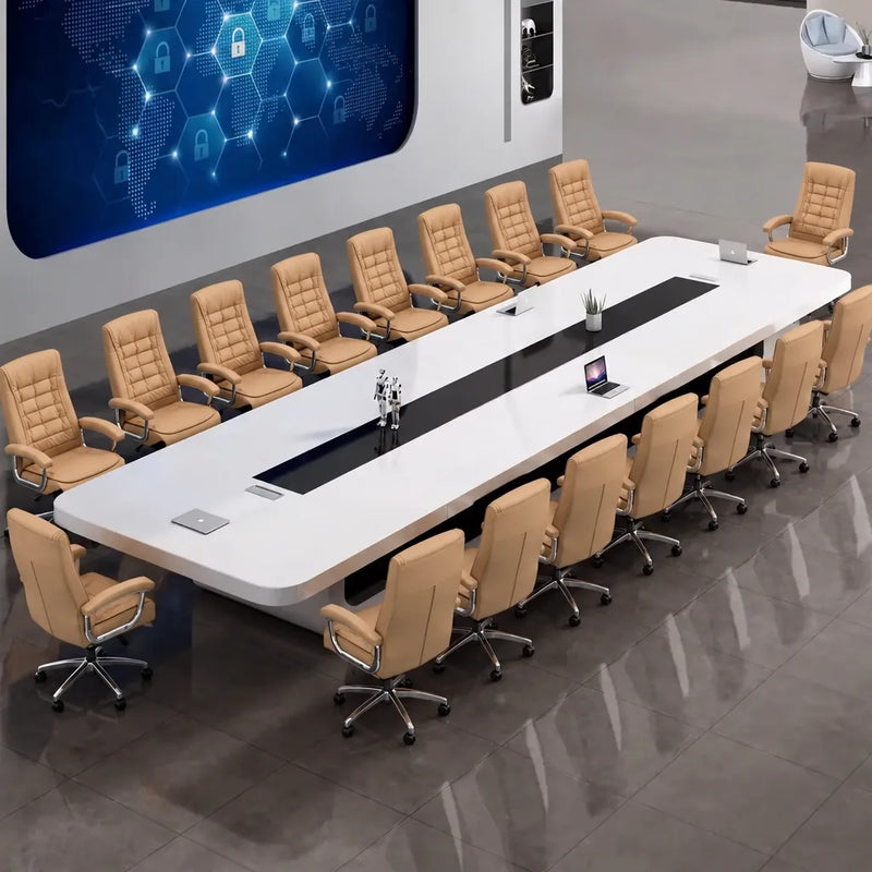 Angled overhead view of the Nexum large white conference table with 16 orange chairs