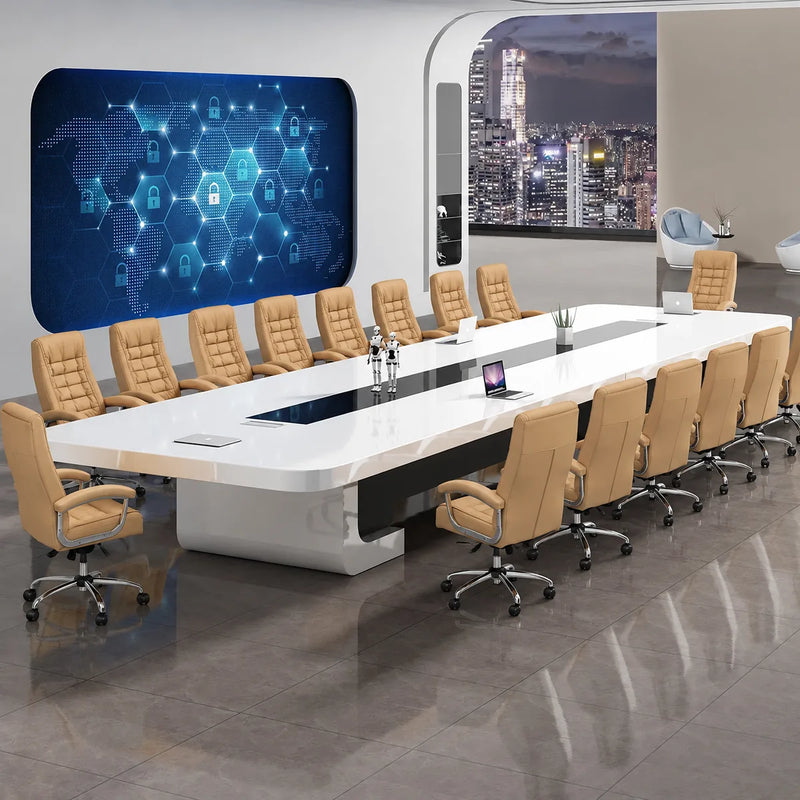 Nexum white boardroom table with orange chairs and a city skyline window, three-quarter view