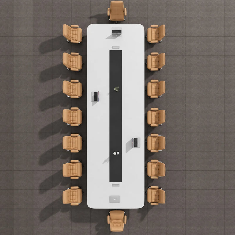 Top-down view of the Nexum conference table seating 14 with two flip-up grommets on the channel