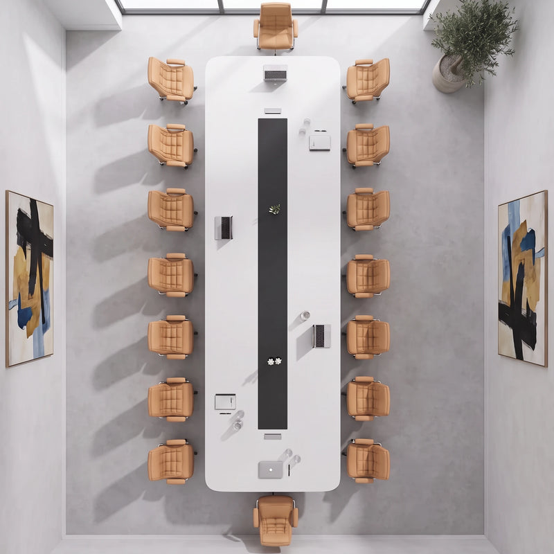 Top-down view of the Nexum conference table seating 14 with two flip-up grommets on the channel